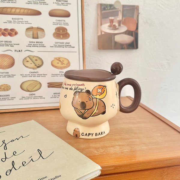 Uroczy Kubek Kapibara Z Pokrywką I łYżEczką, Ceramiczny Kubek O Wysokiej Precyzji, Domowy Kubek Do Kawy, Praktyczny Prezent Urodzinowy 301-400Ml-image