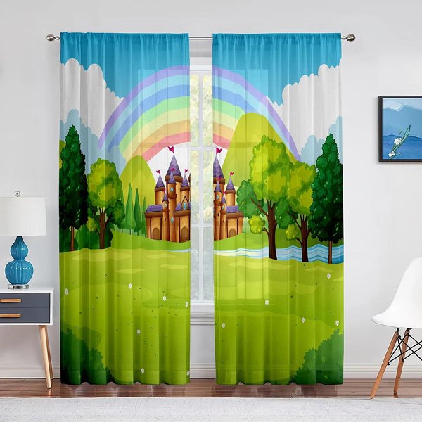 Castillo De Cuento De Hadas Rosa En Las Nubes Cortinas Transparentes Para Sala De Estar Cortina Cortinas Para HabitacióN De NiñOs NiñAs DecoracióN De Cortinas Para Ventana 2 Piezas (W50H130Cm)-2Pcs&Grommet Top-image