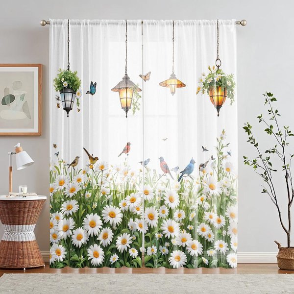 2 Piezas HD Digital Flores De Margarita Blanca Impresas Mosquitera Estilo De DecoracióN Del Hogar DecoracióN Sala De Estar Dormitorio Cortina Con Varilla E W52H63Inchw132H160Cm-image