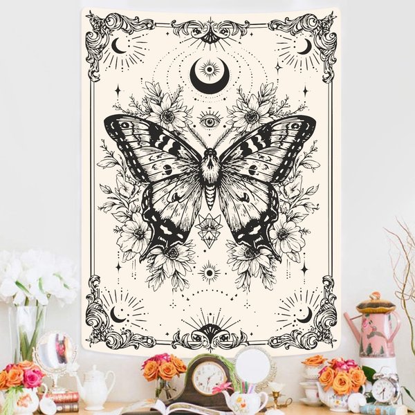 Vintage NiebiańSki SłOńCe I KsiężYc Gobelin, Ciemny Kwiatowy GwieźDzisty Dekoracja ŚCienna Do Sypialni, Salonu I Domu Studenckiego, Mistyczna Estetyka Boho 150X130Cm-image