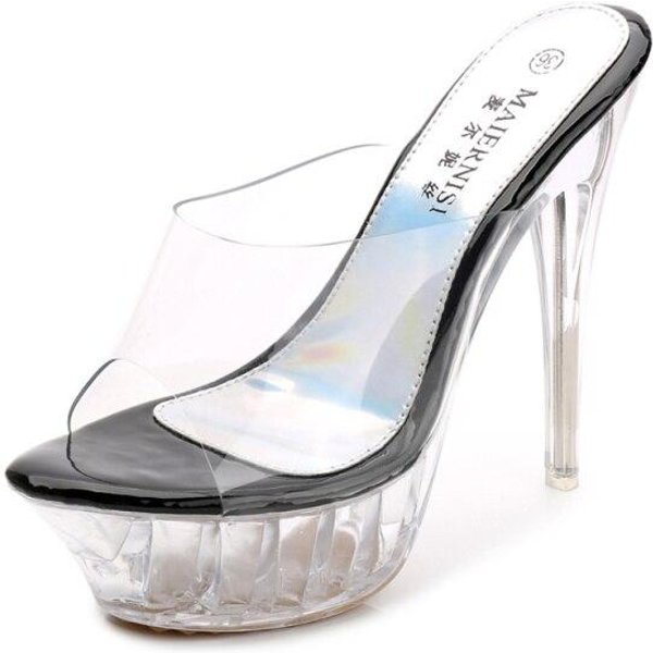 Damskie Letnie 14Cm Wysokie Obcasy 4Cm Platforma Klapki MułY Lady Kopciuszek KryształOwe Przezroczyste Kapcie Przezroczyste Obcasy Buty Pvc 39-image