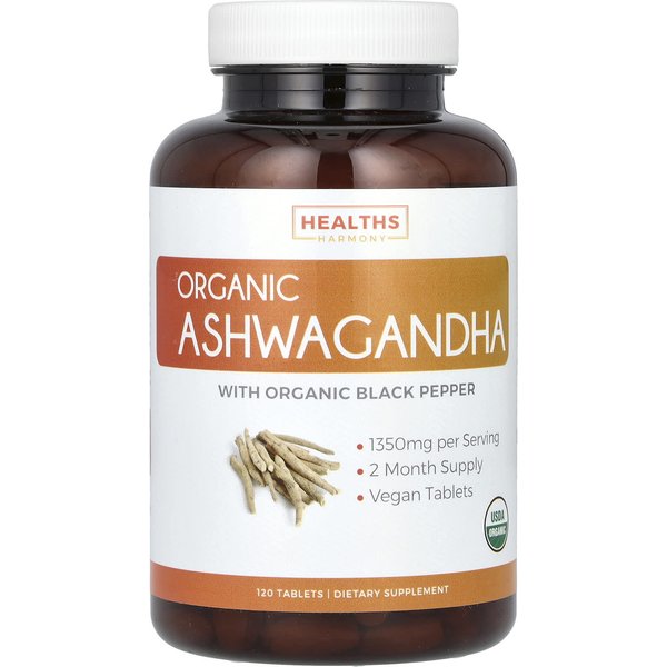 Healths Harmony, Ashwagandha OrgáNica, 1.350 Mg, 120 Comprimidos (675 Mg Por Tableta)-image