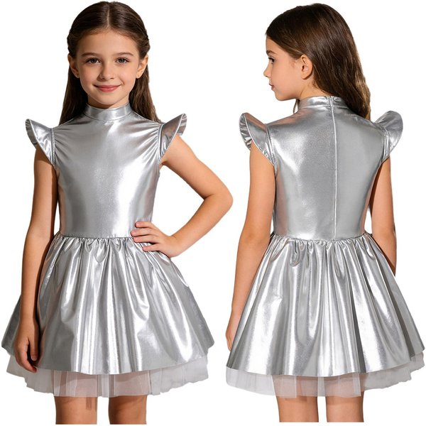 Dziewczynki Halloween Tematyczna Impreza Kosmita Robot Astronauta Wojownik Galaktyki Kostium Przebranie Metaliczny BłYszcząCy Zamek Kosmiczna Sukienka Tiulowa 6-image