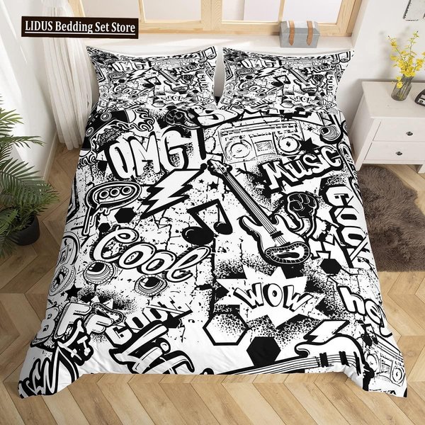 Zestaw Poszwy Na KołDrę Graffiti Dla NastolatkóW ChłOpcóW Hip Hop Art Zestaw Poszwy Na KołDrę Muzyka Rockowa Sportowy Zestaw PośCieli Zestaw Poszwy Na KołDrę Rozmiar Queen EU Single(135X200Cm)-image