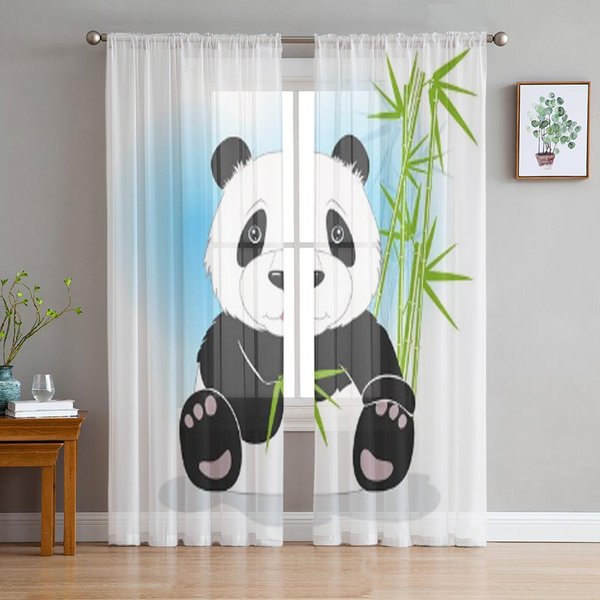 Panda LiśCie Bambusa BiałE Luksusowe Szyfonowe Przezroczyste ZasłOny Do Dekoracji Salonu Sypialni Okienne Woale Tiulowa ZasłOna 135W X 137H(Cm) X2-image