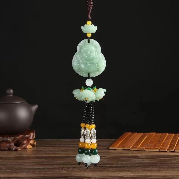 SamochóD Imitacja Zielonego Jadeitu Wisiorek Moda WnęTrze Samochodu Dekoracje Ornamenty Lusterko Wsteczne Lotos Pi Xiu Wisiorek Dekoracja Na SzczęśCie-image