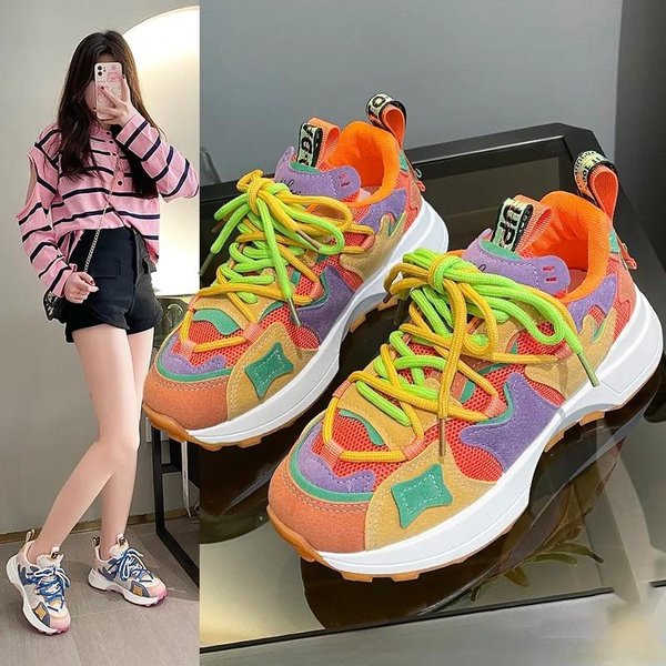 Zapatillas Chunky De Moda Para Mujer Color ArcoíRis Zapatillas Deportivas De Plataforma Con Cordones Para OtoñO Para Mujer Zapatillas De Malla Transpirables Antideslizantes 36-image