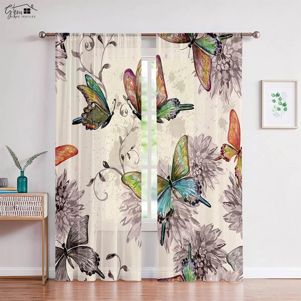 DwuczęśCiowe Drewniane ZasłOny Okienne Z Nadrukiem KwiatóW Wisterii I Motyli, Styl Pastoralny, Do Sypialni, Salonu, Gabinetu, Kuchni W50Xh130(Cm)X2Pcs&Rod Pocket-image