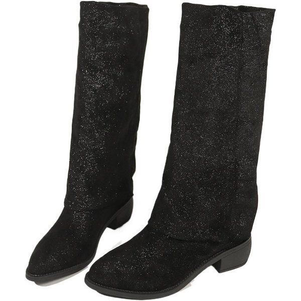 Buty Plus Size Damskie Kozaki Do Kolana Eleganckie Nowoczesne Kozaki Damskie Szyte Szpiczasty Nosek ŚRedni Obcas Wsuwane Buty Damskie 42 Black-image