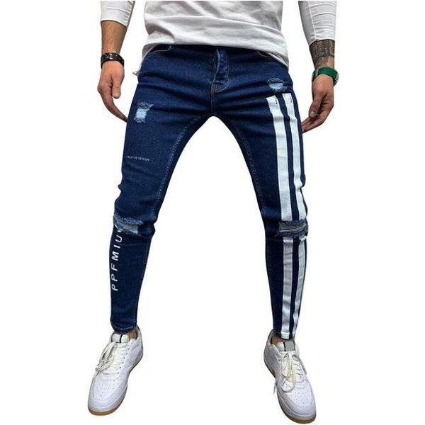 Jeansy MęSkie ObcisłE Paski Z Zamkiem BłYskawicznym Denim Hole Wash Vintage Hip Hop Spodnie Robocze Slim DżInsy Z Nadrukiem Europejski DużY Rozmiar M Blue-image
