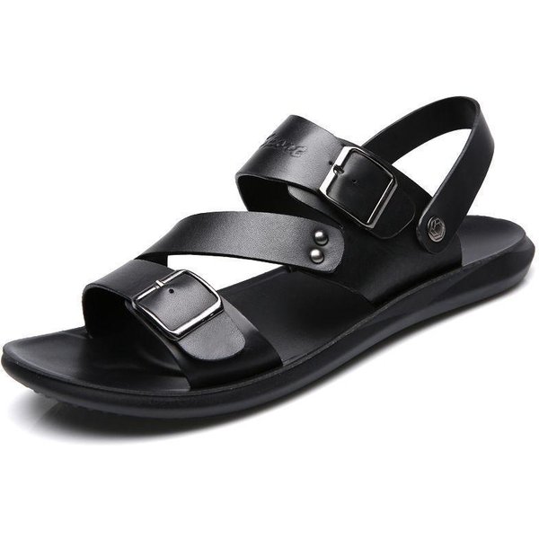 Modne SandałY MęSkie W Jednolitym Kolorze Ze SkóRy PU MęSkie Buty Letnie Wygodne SandałY MęSkie Ze SkóRy Z Odkrytymi Palcami PlażOwe SkóRzane Obuwie 39 Black-image