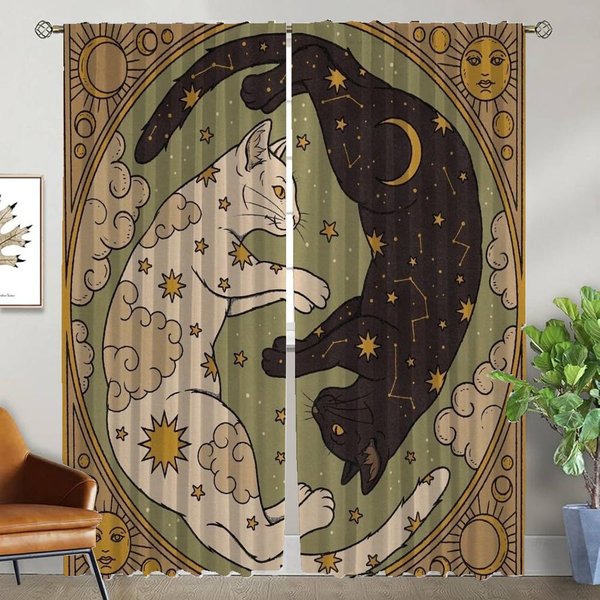 Cortinas Para Dormitorio Gato MáGico DecoracióN De Halloween Cortina Divisoria Cortinas Para Interior Del Hogar Para Sala De Estar Cortinas Opacas W50Xh70Cmx2Pcs-Cl-image