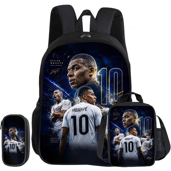 M-Mbappe Juego De 3 Piezas Mochila Escolar Estrella De FúTbol NiñO Rucksack Bolsas Para LáPices Mochila Escolar Con Bolsa Para El Almuerzo Mochila Deportiva Regalo Para NiñOs-image