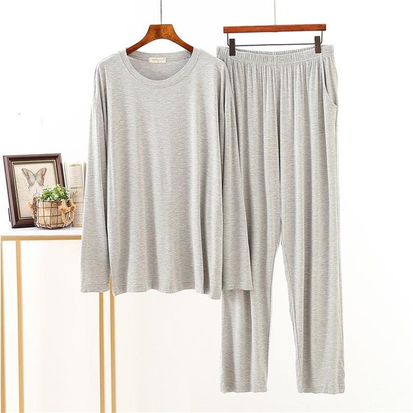 Estilo Nuevo JaponéS Modal Primavera Y OtoñO Pijama Para Hombre Manga Larga Holgado Talla Grande Traje De Servicio Para El Hogar Conjunto De Pijama Para Hombre Ropa De Dormir 2XL White-image