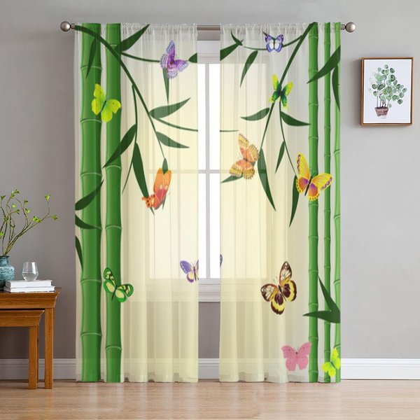 Cortinas Transparentes De Bambú Oriental Con Mariposas Para Sala De Estar Cortina De Tul Transparente Para Ventana DecoracióN De Dormitorio Cocina Cortinas De Velos 135W X 114H(Cm) White-image