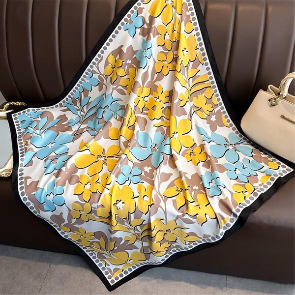 Druk Satynowy Jedwabny Kwadratowy Szalik HidżAb Kobiety Bandana 90Cm Chusty Na GłOwę Apaszka Damska Szal Szal Wrap Foulard Opaska Na GłOwę 90X90CM Yellow-image