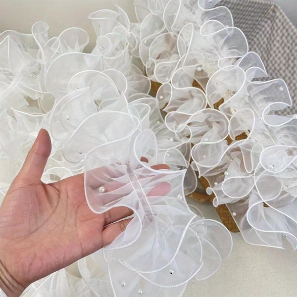 ŚNieżNa Koronka WstążKa 1 Rolka 12Cm GęSto Plisowana Koralikowa ŚNieżNa Koronka WstążKa Kwiatowa WstążKa Do Pakowania WstążKa Do Bukietu BłYszcząCa PerłOwa Falowana WstążKa 1M BiałY-image