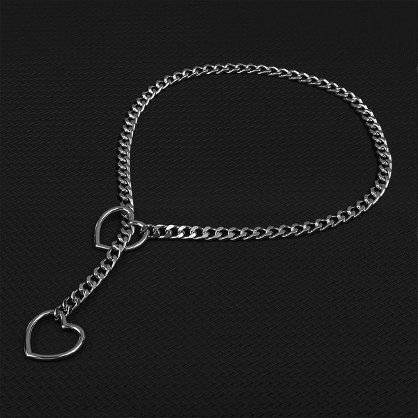 Cosplay CorazóN Cadena Deslizante Punk Rock Collar De Acero Inoxidable Cubano Largo Collar De Tendencia Simple Ajustable Collar En Y Gray-image
