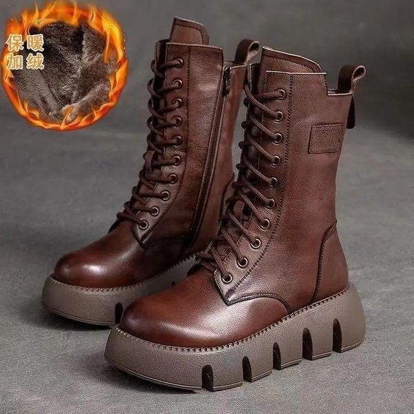 Modne Damskie SkóRzane Buty Wysokie Casualowe BawełNiane Buty Pluszowe CiepłE Zimowe Buty Dla Kobiet AntypośLizgowe Buty Na Platformie Botas Mujer 36-image