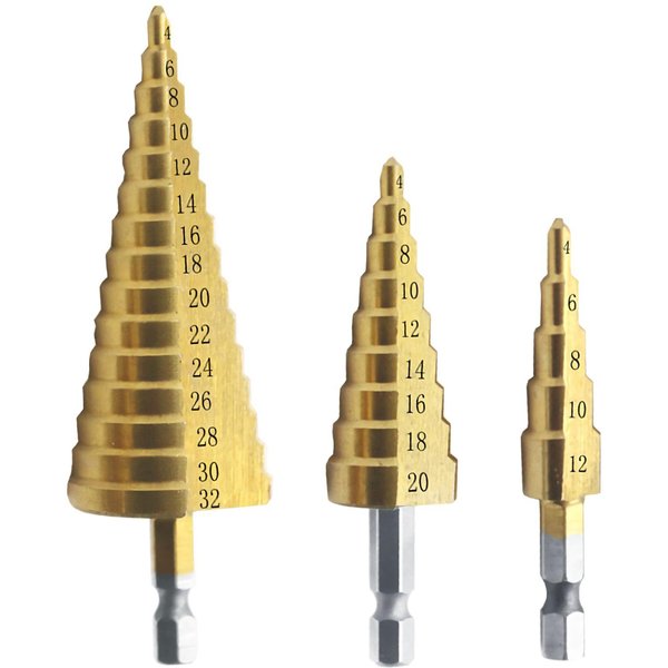 Juego De Brocas Escalonadas Hss, 3 Uds., 4-32Mm, 4-20Mm, 4-12Mm, Broca Escalonada Con Ranura Recta, Recubierta De Titanio 3Pcs Set Oro-image