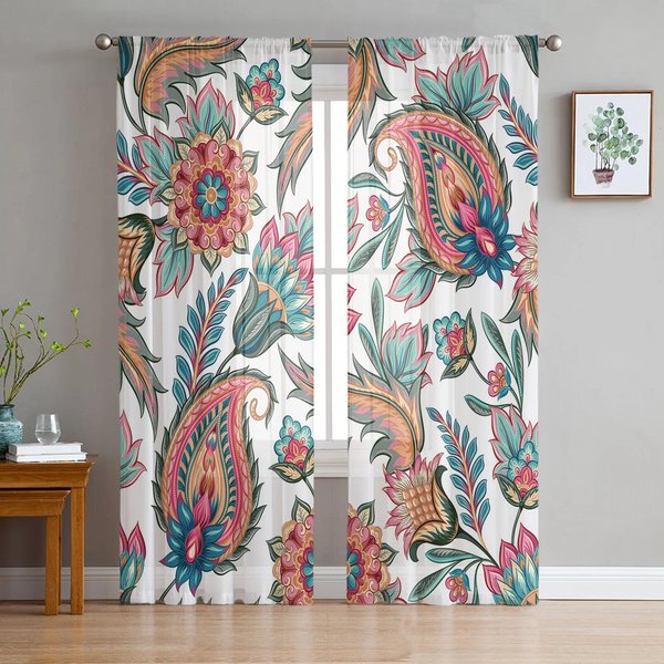 Cortinas Para Sala De Estar Transparentes De Gasa Con Textura De Cachemira Bohemia India, DecoracióN Del Hogar, Ventana, Cortinas De Tul W135 X H115Cm X1&Grommet Top-image