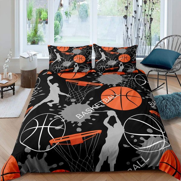Juego De Funda NóRdica De Baloncesto Queen, Funda De EdredóN Para Juegos Deportivos Para NiñOs NiñAs, Juego De Ropa De Cama Graffiti Negro Cubierta De Colcha Deportiva AU Single(140X210Cm)-image