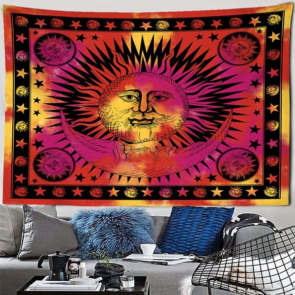 Tapiz De Tarot Sol Luna Estrellas Colgante De Pared Arte Abstracto Tapiz Hippie BrujeríA Misterioso DecoracióN Del Hogar Del Dormitorio 95X73Cm Brown-image