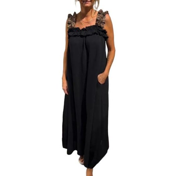Damska Sukienka Maxi Bez RęKawóW, Falbankowe RamiąCzka, Kwadratowy Dekolt, DłUga Sukienka, Casualowa Boho M Black-image