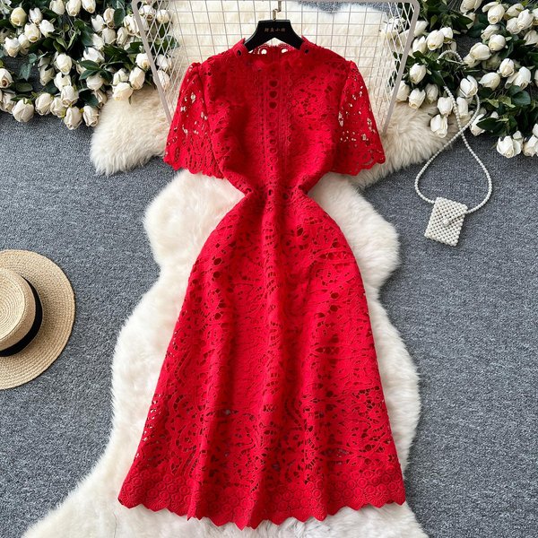 Letnie Damskie Eleganckie Sukienki Imprezowe Z Koronką Hollow Out I Haftem M Czerwony-image