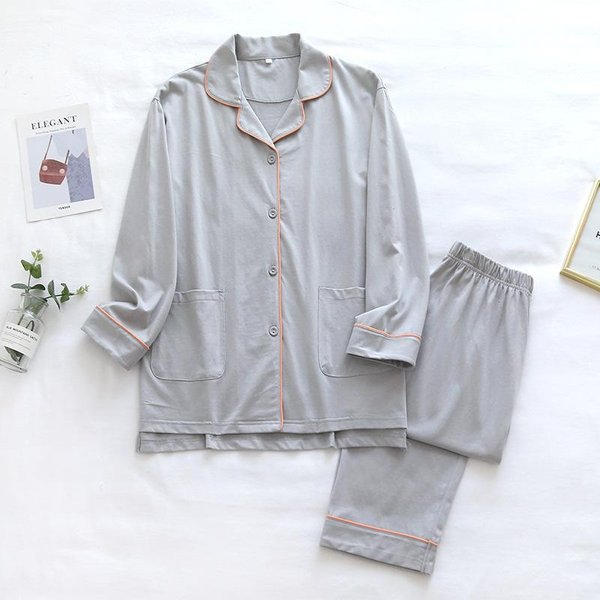 Pijama De AlgodóN De Color SóLido Para Mujer CáRdigan De Manga Larga PantalóN Largo Conjunto De Dormir De Dos Piezas Ajuste Holgado Ropa De Noche Casual Ropa Para El Hogar XL Gris-image