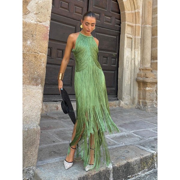 Vestido Maxi Largo Con Cuello Halter Y Borlas Para Fiesta De Noche De Primavera Verano Para Mujer Estilo Europeo Americano Formal CóCtel Vestido De Baile M Verde-image