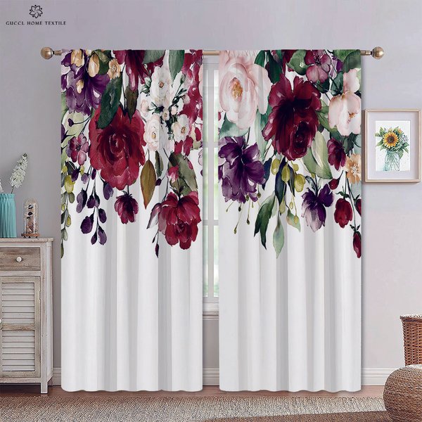 Bolsillo Para Barra De Cortina De Hojas Florales Para Dormitorio, Sala De Estar, Cocina, DecoracióN Del Hogar, DecoracióN De Ventana Moderna Y Sencilla, 2 Piezas W50Xh130(Cm)X2Pcs&Grommet Top-image