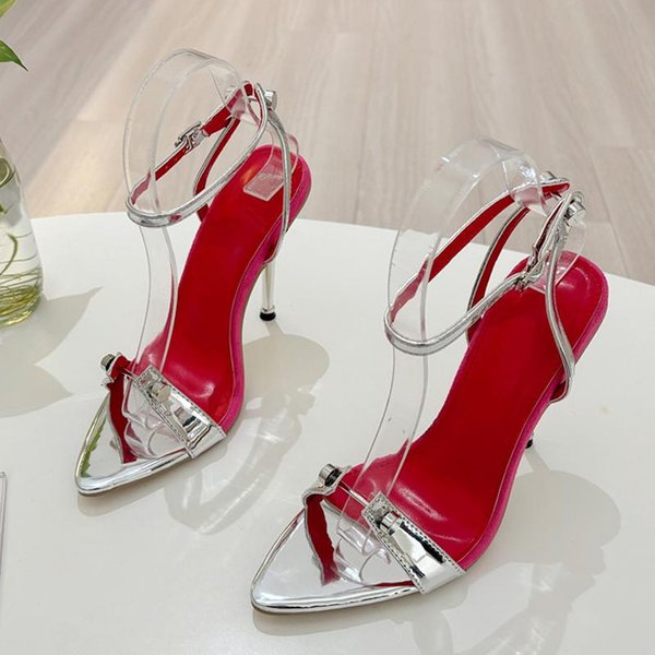 Liyke Nuevas Sandalias De Pulsera Al Tobillo Doradas Plateadas Para Mujer Zapatos De Boda Banquete Sexy Puntera MetáLica Puntiaguda Tacones Altos De Stripper Sandalias 35 Plata-image