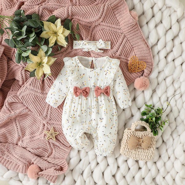 Mono Floral Estampado De Manga Larga Para Bebé NiñA Todas Las Estaciones Con Lazo Ropa Diaria Para ReciéN Nacido-6M + Diadema 3-6M Gray-image