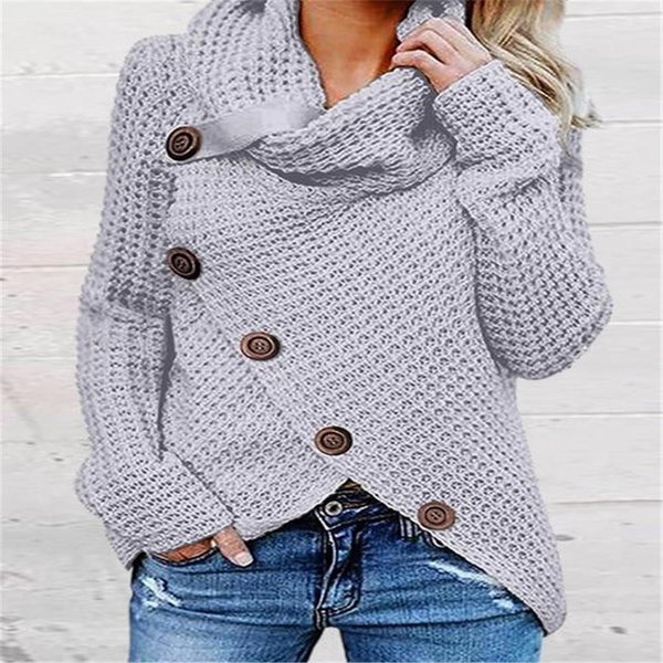 Nowy Jesienno-Zimowy Sweter Z Golfem Zapinany Na Pięć GuzikóW, Jednolity Kolor, Damski Sweter Z DłUgim RęKawem, Dzianinowy Xxxxxl Gray-image