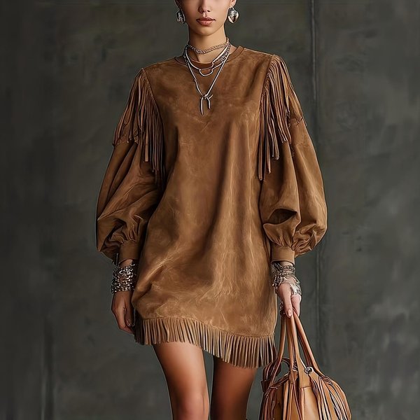 Damska KróTka Sukienka Boho Z FręDzlami Na RęKawach LuźNy KróJ Wielokolorowa Do Pracy I Na Wakacje M BrąZowy-image