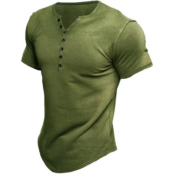 Letnie MęSkie Koszulki Z KróTkim RęKawem MęSkie Koszulki Z Guzikami W KształCie Litery V T-Shirt MęSki Solidny Top M Zielony-image
