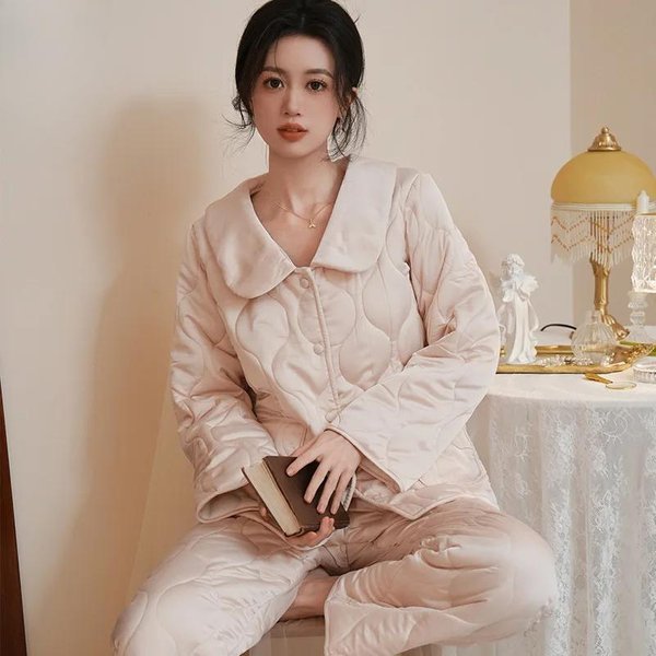 Pijama FrancéS Para Mujer, OtoñO-Invierno, Traje De Manga Larga, Color SóLido, CáLido, CáRdigan Acolchado De Tres Capas, Ropa Juvenil Para El Hogar XL Brown-image