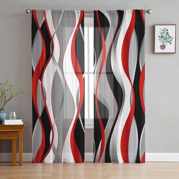Cortinas Transparentes Abstractas SóLidas Rojas Negras Grises GeoméTricas Para DecoracióN De Sala De Estar Cortina De Ventana Cocina Tul Voile Cortinas W135 X H115Cm X1&Rod Pocket-image