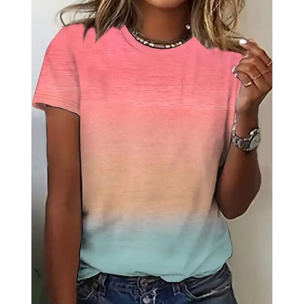 Damski Letni T-Shirt Moda Retro KróTki RęKaw Koszulki Casual Gradient Nadrukowane Topy 5XL Pink-image