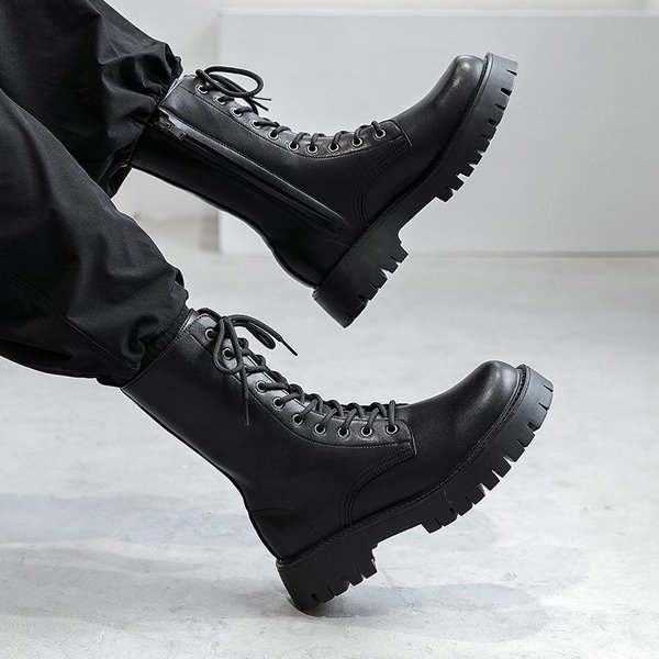 2025Nuevas Botas De CañA Alta Para Hombre Estilo Punk Botas De Motociclista CláSicas Negras Casuales De Cuero Con Cordones Hasta Media Pantorrilla Botas De Plataforma Botas 44 Black-image