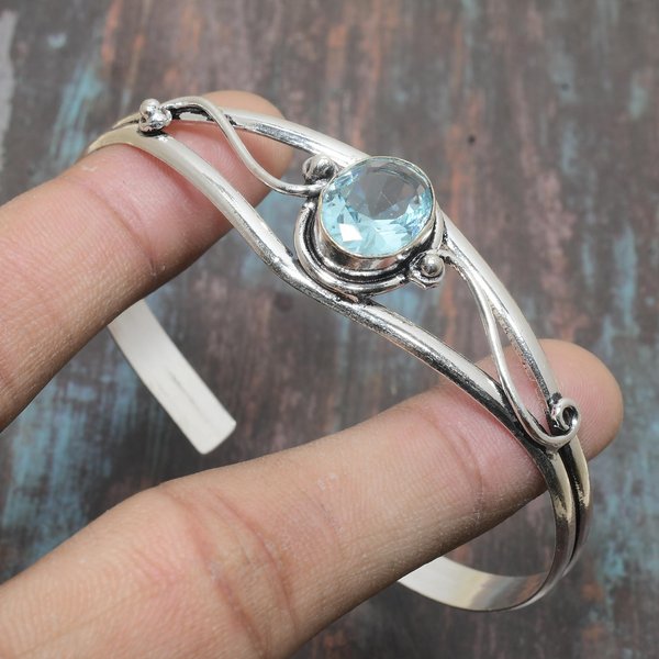 Szwajcarski Niebieski Topaz Kamień Szlachetny RęCznie Robiony 925 Srebro Mankiet BiżUteria Bransoletka Regulowana Adjustable-image