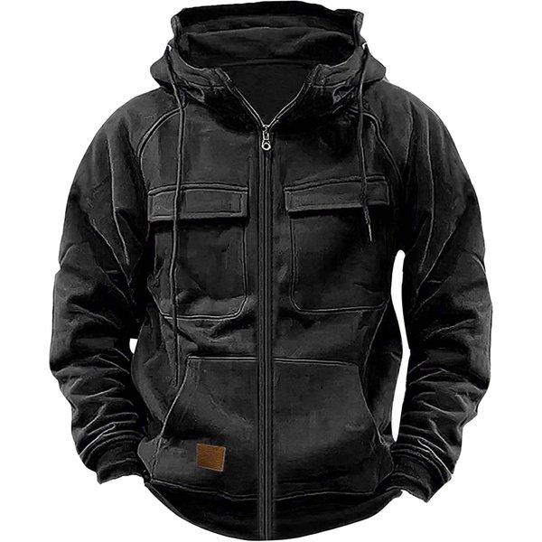 Jesień Zima MęSkie Bluzy Z Kapturem Jednolite Kurtki Wielo Kieszenie MęSkie Bluzy Z Zamkiem BłYskawicznym Sportowe Outdoor Casual Bluza Z Kapturem PłAszcz M Black-image