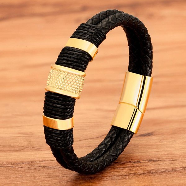 Popularna Pleciona SkóRzana Lina Specjalny Styl Klasyczna MęSka SkóRzana Bransoletka Ze Stali Nierdzewnej Dwuwarstwowy Design Black-image