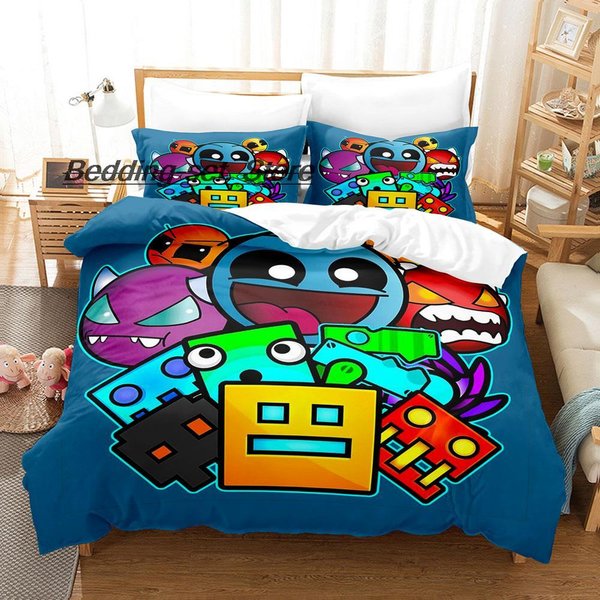 Zestaw PośCieli Geometry Dash Pojedynczy BliźNiaczy PełNy KróLowa KróL Rozmiar Gra Sypialnia Poszewka Na KołDrę Anime PośCiel 140X200Cm 3Pcs-image