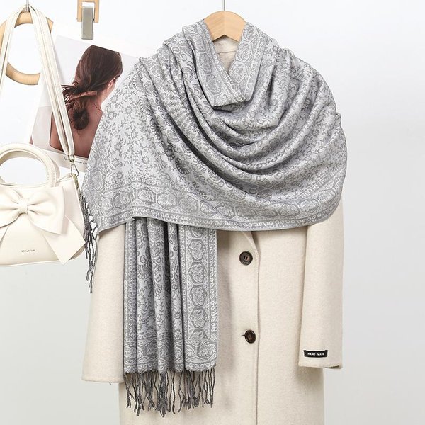 Bufanda Pashmina Estampado Paisley Para Mujer Jacquard Estampado De Anacardo Bufandas Bordes De Flores Borlas Femeninas Mantas Envolventes Chales ÉTnicos 70X190CM Gray-image