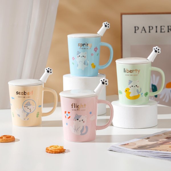 Taza De CeráMica Linda De Gato Mirando Hacia Arriba Set Para NiñAs Regalo Para El Hogar Taza Souvenir Taza Para El Desayuno Taza De Leche 350ML-image