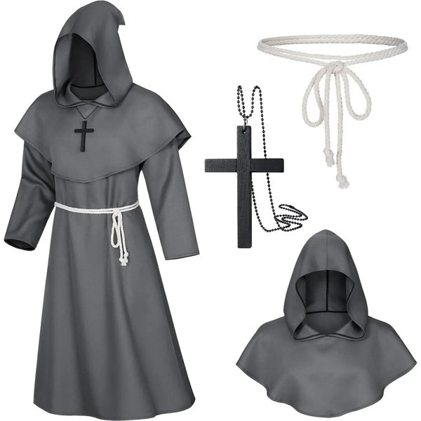 Capucha Monje Medieval Capa Hechicero Sacerdote Disfraces Halloween TúNica Mago Caballero Capa Adultos Adolescentes Atuendo Set De Accesorios Para Fiesta L Gris-image
