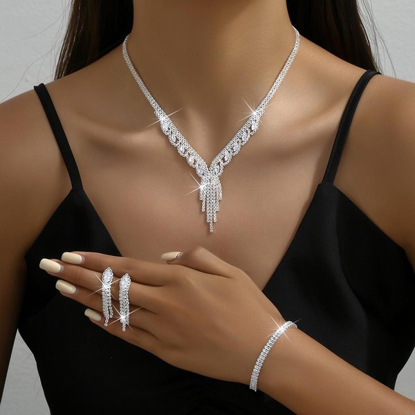 Conjunto De 4 Piezas De Pendientes, Collar Y Pulsera Con Borlas Huecas De Cadena De Garra De Moda Para Mujer, Ideal Para Banquetes, Fiestas Y Regalos Festivos. Silver-image