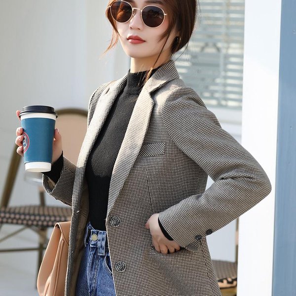 Traje PequeñO De Manga Larga Ajustado Para Mujer De OtoñO Nuevo Top Blazer De Lana A Cuadros Retro 2XL Gray-image